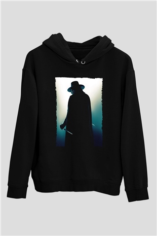 Unisex V for Vendetta Baskılı Siyah Kapüşonlu Sweatshirt