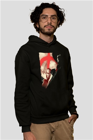 Unisex V for Vendetta Baskılı Siyah Kapüşonlu Sweatshirt