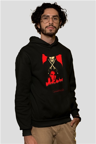 Unisex V for Vendetta Baskılı Siyah Kapüşonlu Sweatshirt