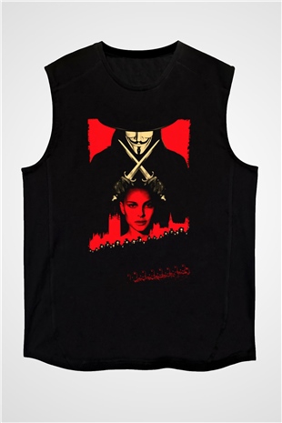 Unisex V for Vendetta Baskılı Siyah Kolsuz Tshirt
