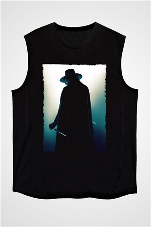 Unisex V for Vendetta Baskılı Siyah Kolsuz Tişört
