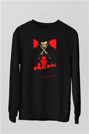 Unisex V for Vendetta Baskılı Siyah Sweatshirt