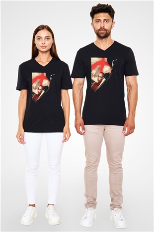 Unisex V for Vendetta Baskılı Siyah V Yaka T-shirt