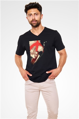 Unisex V for Vendetta Baskılı Siyah V Yaka T-shirt