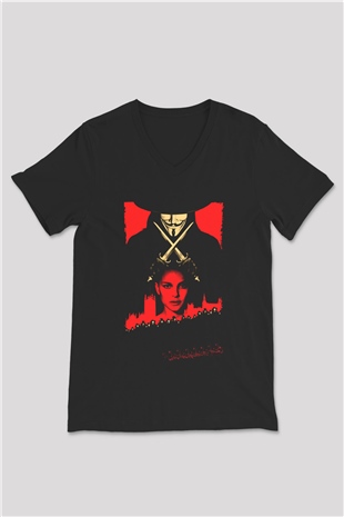 Unisex V for Vendetta Baskılı Siyah V Yaka Tshirt