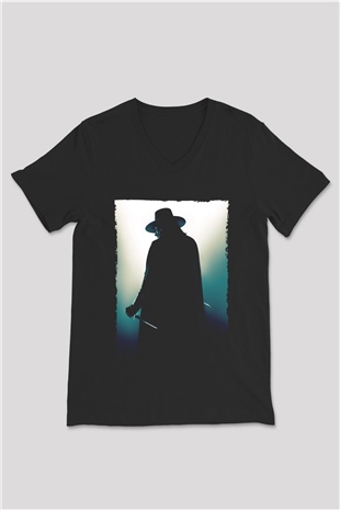 Unisex V for Vendetta Baskılı Siyah V Yaka Tişört