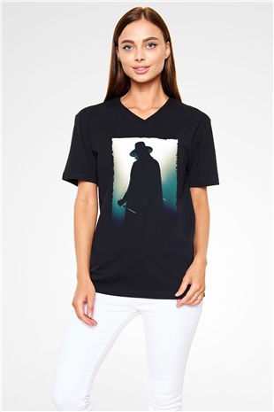 Unisex V for Vendetta Baskılı Siyah V Yaka Tişört
