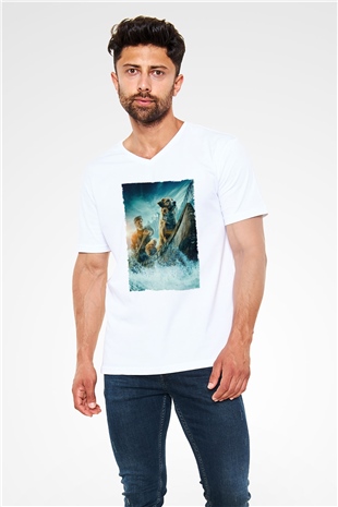 Unisex Vahşetin Çağrısı (The Call of the Wild) Baskılı Beyaz V Yaka Tshirt