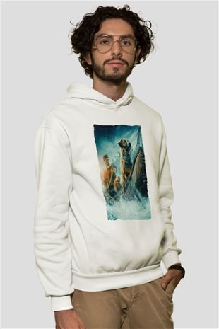 Unisex Vahşetin Çağrısı (The Call of the Wild) Baskılı Beyaz Kapüşonlu Sweatshirt