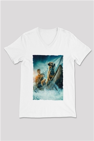 Unisex Vahşetin Çağrısı (The Call of the Wild) Baskılı Beyaz V Yaka Tshirt