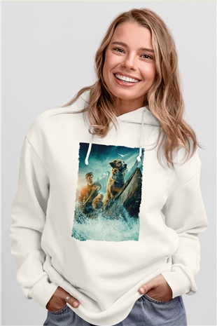 Unisex Vahşetin Çağrısı (The Call of the Wild) Baskılı Beyaz Kapüşonlu Sweatshirt