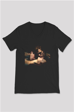 Unisex Vampir Günlükleri (The Vampire Diaries) Baskılı Siyah V Yaka Tişört