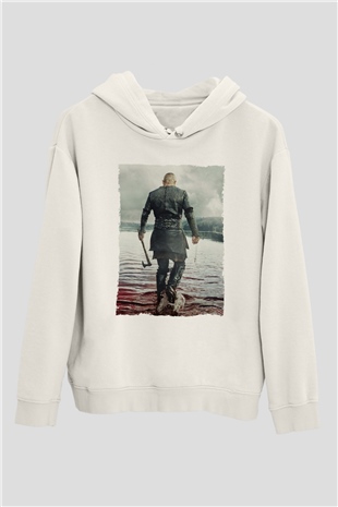 Unisex Vikings Baskılı Beyaz Kapüşonlu Sweatshirt