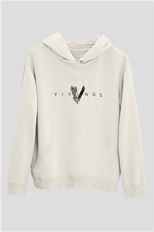 Unisex Vikings Baskılı Beyaz Kapüşonlu Sweatshirt