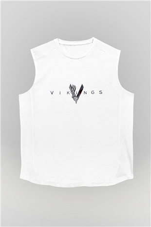 Unisex Vikings Baskılı Beyaz Kolsuz T-shirt