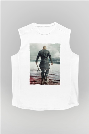 Unisex Vikings Baskılı Beyaz Kolsuz Tshirt
