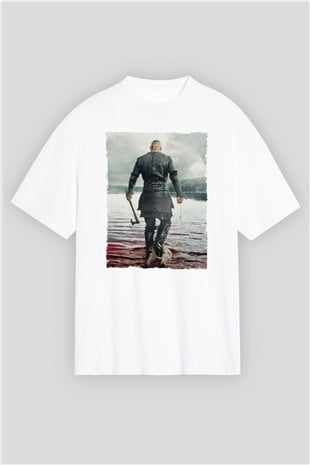 Unisex Vikings Baskılı Beyaz Oversize Oversize T-shirt