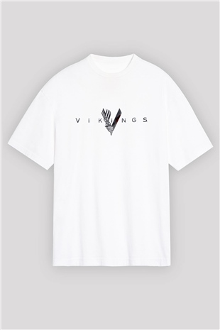 Unisex Vikings Baskılı Beyaz Oversize T-shirt