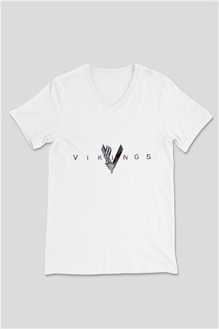 Unisex Vikings Baskılı Beyaz V Yaka T-shirt