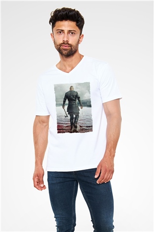 Unisex Vikings Baskılı Beyaz V Yaka Tshirt