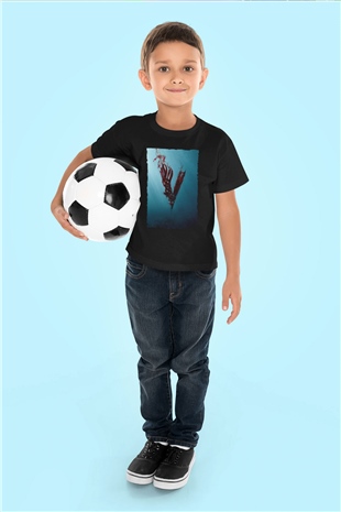 Unisex Vikings Baskılı Siyah Çocuk T-Shirt