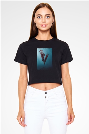 Unisex Vikings Baskılı Siyah Crop Top T-shirt