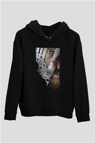 Unisex Vikings Baskılı Siyah Kapüşonlu Sweatshirt