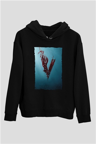 Unisex Vikings Baskılı Siyah Kapüşonlu Sweatshirt