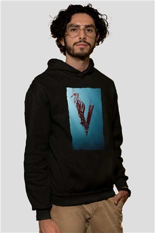 Unisex Vikings Baskılı Siyah Kapüşonlu Sweatshirt