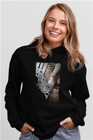 Unisex Vikings Baskılı Siyah Kapüşonlu Sweatshirt