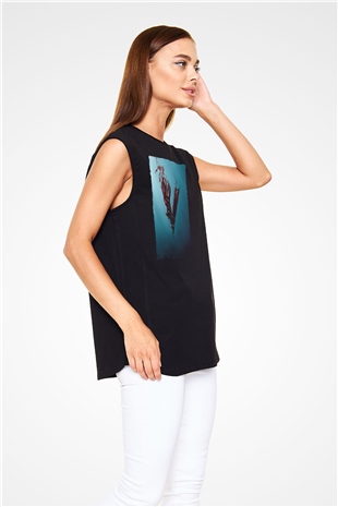 Unisex Vikings Baskılı Siyah Kolsuz T-shirt