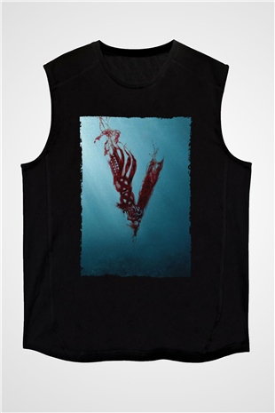 Unisex Vikings Baskılı Siyah Kolsuz T-shirt