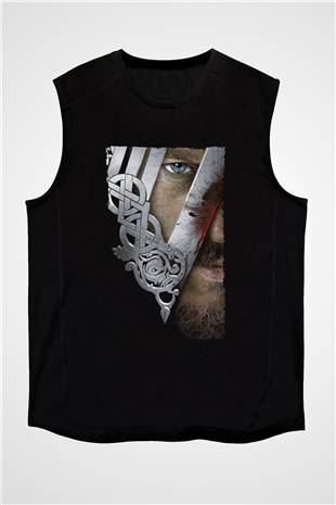 Unisex Vikings Baskılı Siyah Kolsuz Tshirt