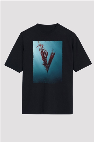 Unisex Vikings Baskılı Siyah Oversize T-shirt