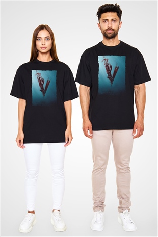 Unisex Vikings Baskılı Siyah Oversize T-shirt