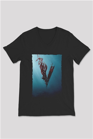 Unisex Vikings Baskılı Siyah V Yaka T-shirt
