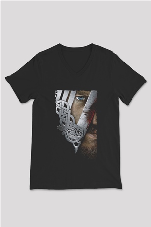 Unisex Vikings Baskılı Siyah V Yaka Tshirt