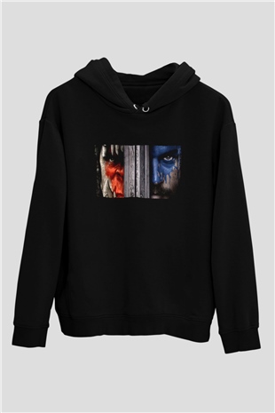 Unisex Warcraft Baskılı Siyah Kapüşonlu Sweatshirt