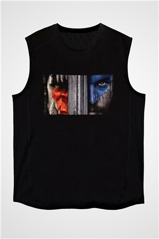 Unisex Warcraft Baskılı Siyah Kolsuz Tişört