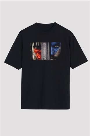 Unisex Warcraft Baskılı Siyah Oversize Tişört