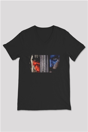 Unisex Warcraft Baskılı Siyah V Yaka Tişört