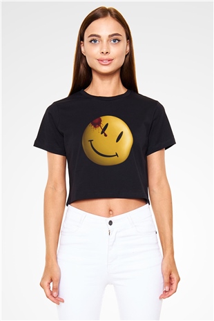 Unisex Watchmen Baskılı Siyah Crop Top T-shirt