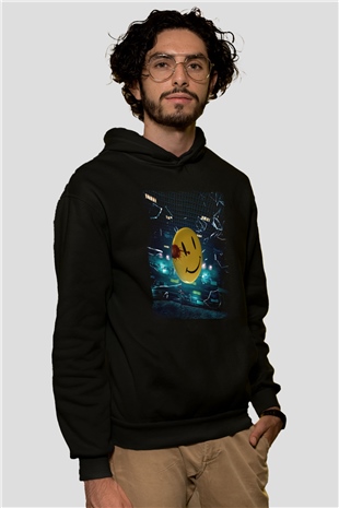 Unisex Watchmen Baskılı Siyah Kapüşonlu Sweatshirt