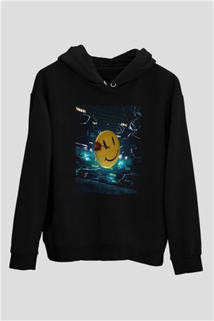 Unisex Watchmen Baskılı Siyah Kapüşonlu Sweatshirt