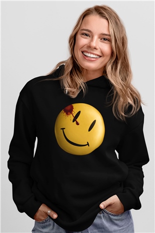 Unisex Watchmen Baskılı Siyah Kapüşonlu Sweatshirt