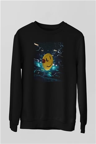 Unisex Watchmen Baskılı Siyah Sweatshirt