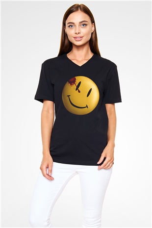 Unisex Watchmen Baskılı Siyah V Yaka T-shirt
