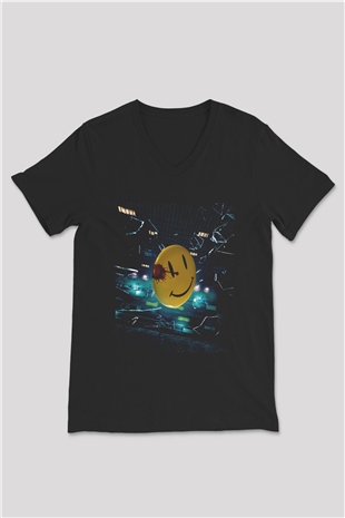 Unisex Watchmen Baskılı Siyah V Yaka Tişört