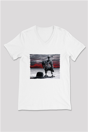 Unisex Westworld Baskılı Beyaz V Yaka Tişört
