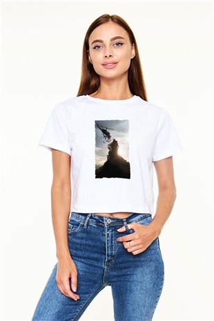 Unisex World War Z Baskılı Beyaz Crop Top Tişört